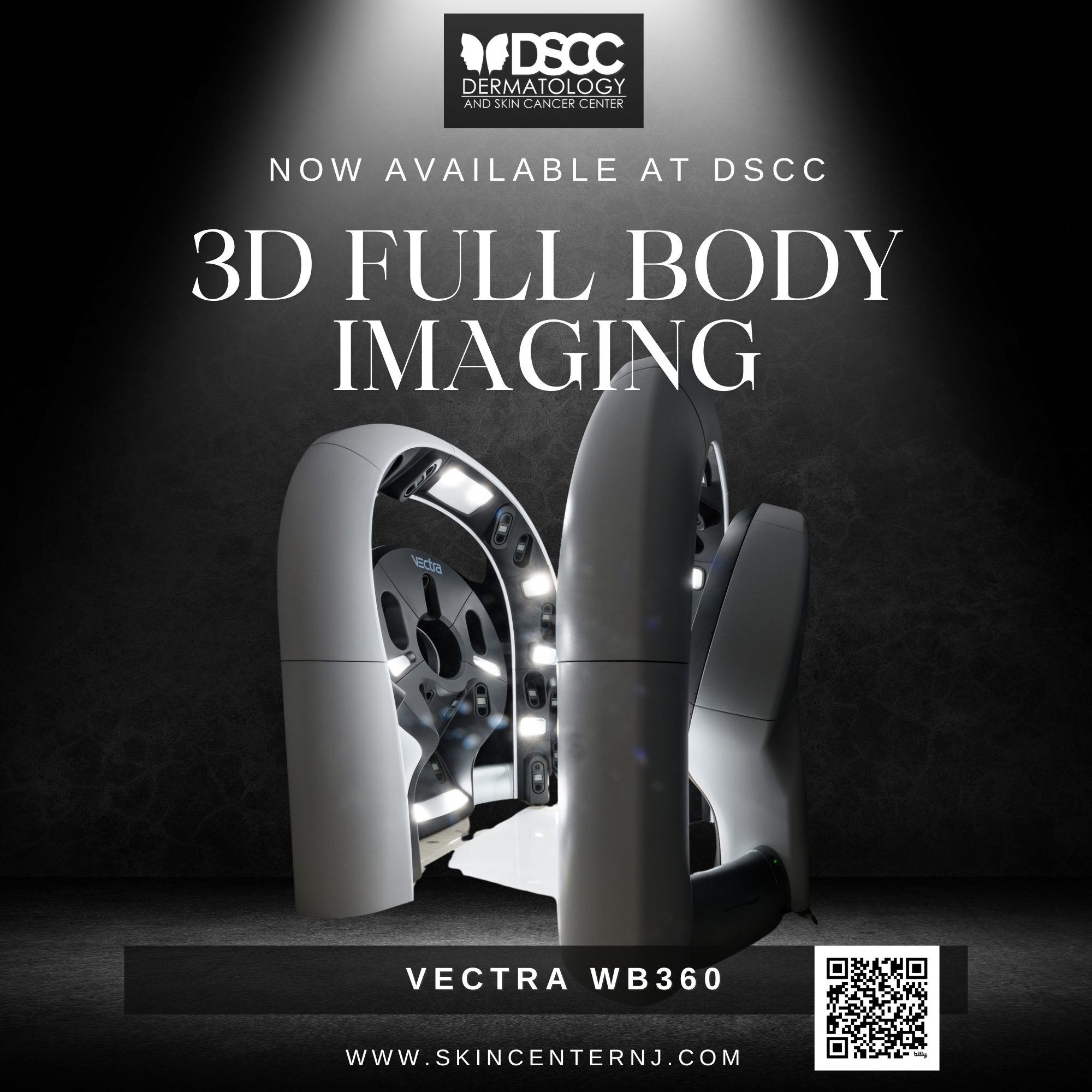 DSCC Dermatology ad announcing 3D full-body imaging with Vectra WB360, includes website www.skincenternj.com and QR code.