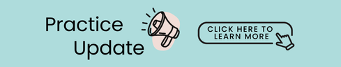 Practice Update banner with a megaphone icon and a 'Click here to learn more' CTA button on a light teal background.